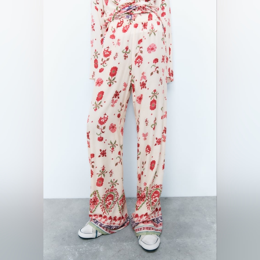Zara Floral Boho Bohemian Hippie Summer Wide Leg Pants Trouser Women Size XS